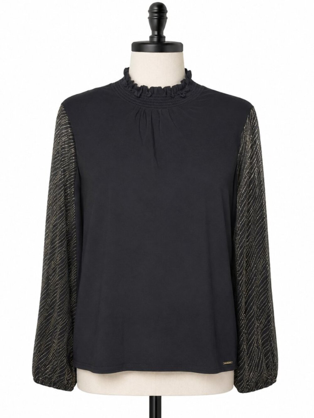 Anne Klein Black Gold Metallic Sheer Sleeve Blouse XL